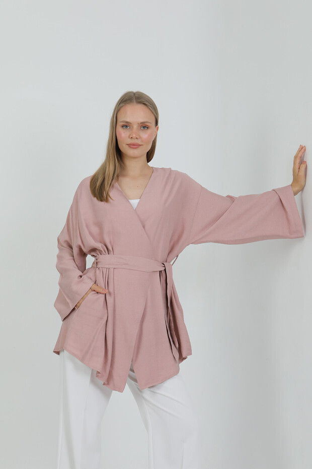 Natural Viscose Fabric Women's Kimono with Pockets and Belt 1168 – Collarless, Lightweight, Flowy, Summer Model
