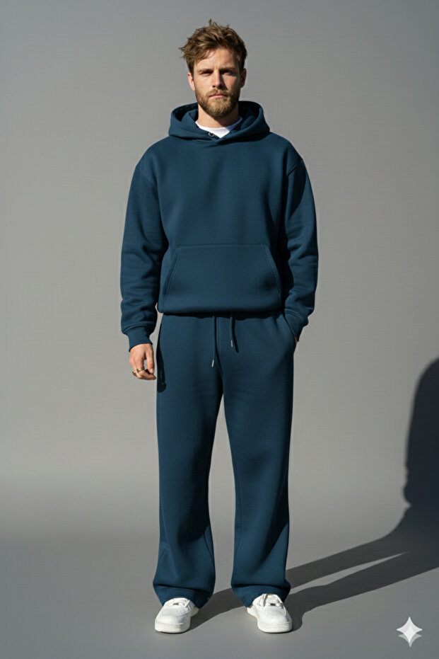 PETROL BAGGY WIDE LEG 3-YARN THICK JERSEY FABRIC BRUSHED INSIDE TRACKSUIT SET - TOP AND BOTTOM SET