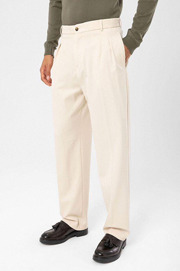 Dark Ecru High Waist Pleated Comfortable Fit Men's Trousers