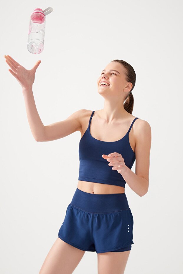 Spodenki sportowe damskie granatowe 2-warstwowe - Rajstopy ze spodenkami 2w1 - 7