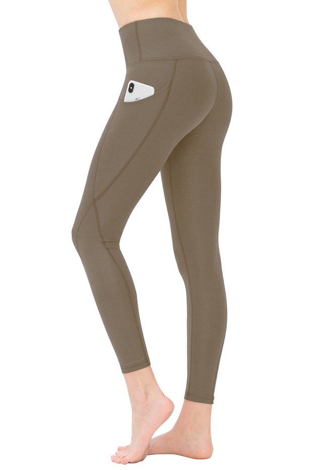 Women's Dark Khaki High Waist Double Pocket Compacting Sports Leggings