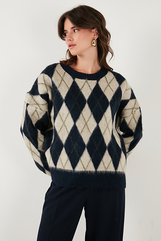 Oversize Fit Crew Neck Argyle Pattern Soft Texture Pullover Sweatshirt 4616223 - 6