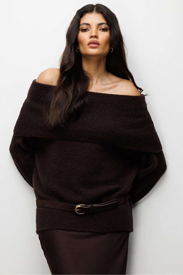 6997 Women's Madonna Collar Wool Blend Knitwear Sweater Brown