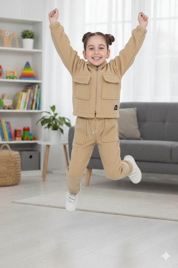 Girl's Zippered Mock Neck Pocket Zippered Cotton Bottom Top Two-Piece Tracksuit Fleece Set