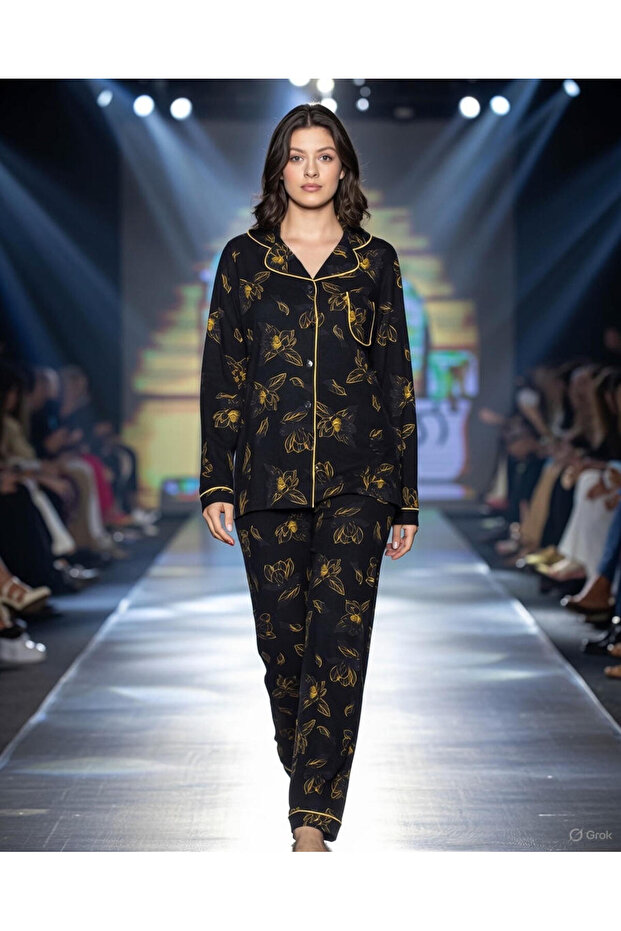 Women's Pajama Set Black Leaf Patterned Atlas Front Buttoned Long Sleeve