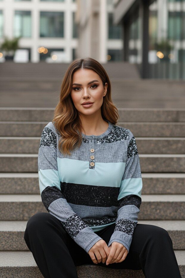 بلوزة سوبرم مزخرفة بأزرار - أزرق - 5