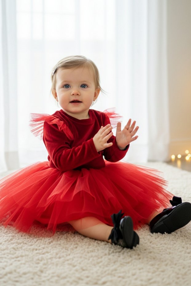 Girl's Pearly Red Long Sleeve Velvet Tulle Tutu Birthday Party April 23 Dress