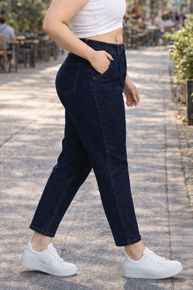 Nadmerná veľkosť Mom Fit Jean Tesné skladané flexibilné džínsové nohavice C600-tmavomodrá - 6