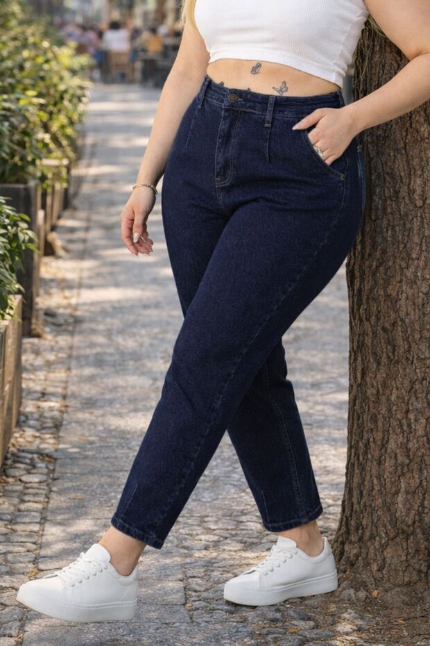 Nadmerná veľkosť Mom Fit Jean Tesné skladané flexibilné džínsové nohavice C600-tmavomodrá - 4