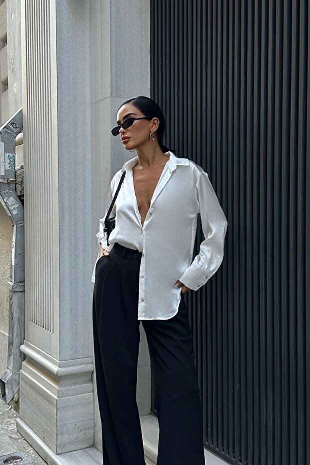 Basic Ekru Kadın Saten Gömlek - 8