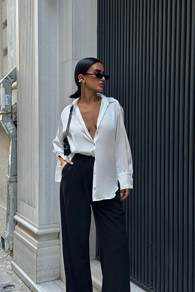 Basic Ekru Kadın Saten Gömlek - 6