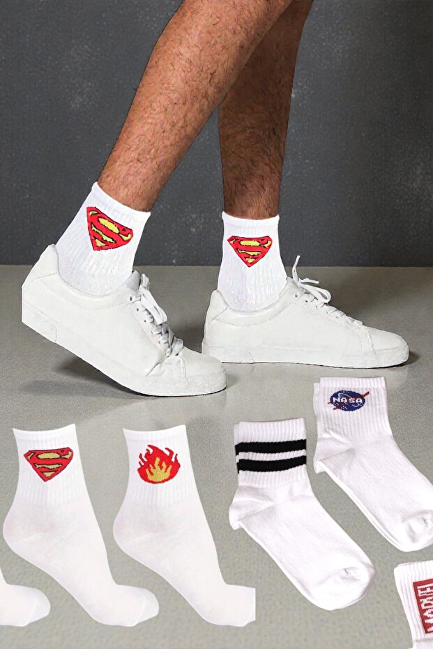 4 Pairs Women Men Colorful Patterned White College Socks Cotton Unisex White Socks