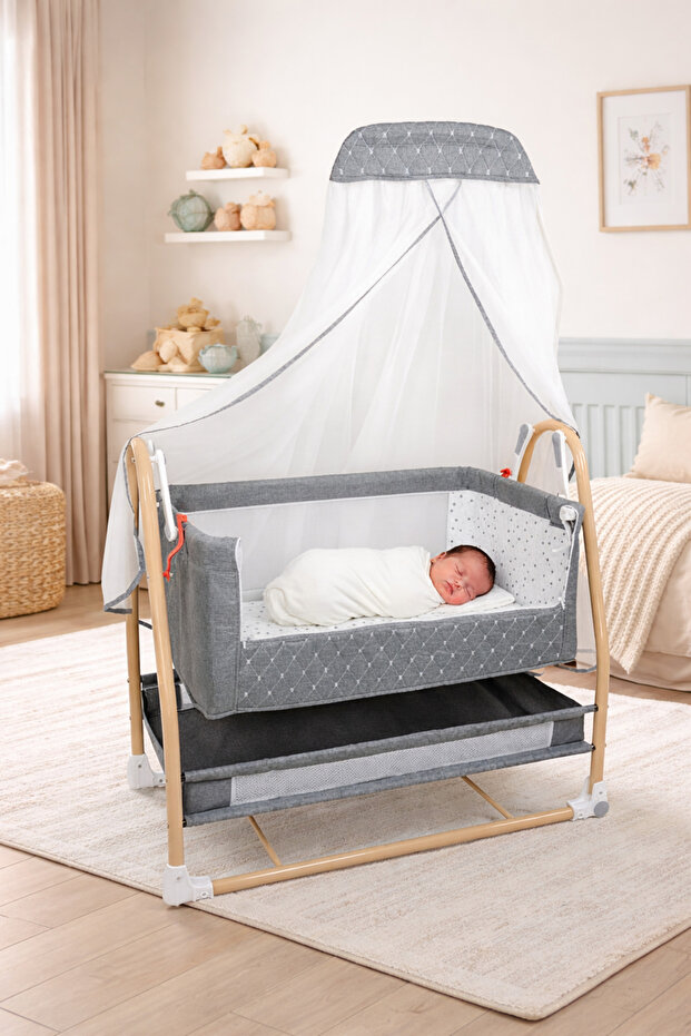 Tommybaby Royal Anne Yanı Beşik Tüllü Sepet Beşik Sallanabilir Bebek Beşiği Anne Yanı Beşik