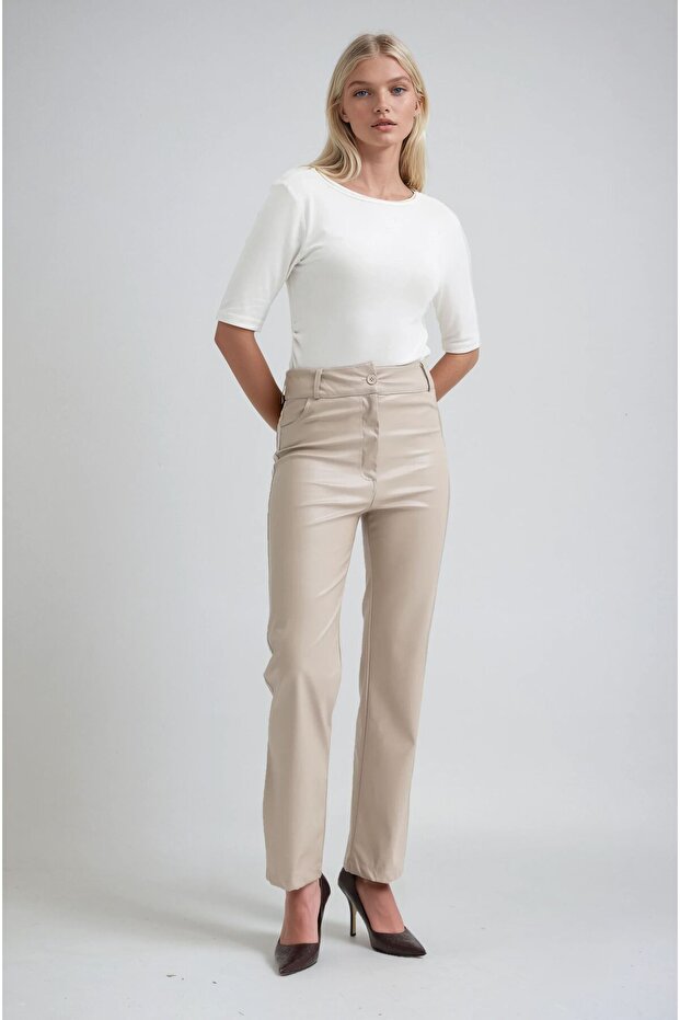 Beige Pipe Leg Leather Trousers 0097 R8-A-K4