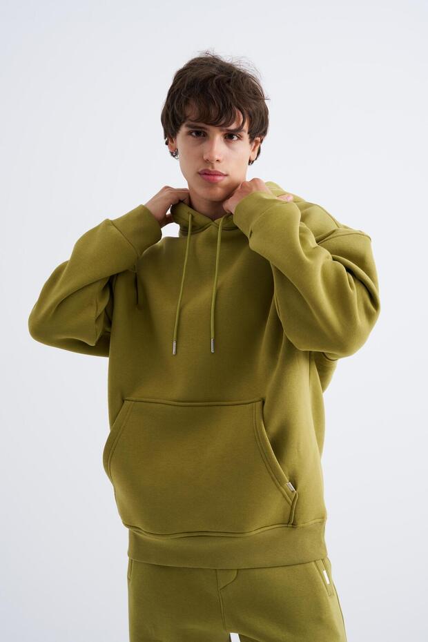 Erkek Oversize Basic Kapüşonlu Sweatshirt Yeşil - 1