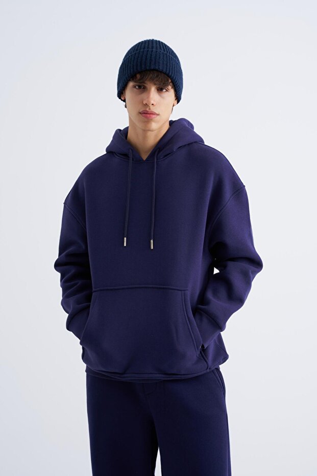 Erkek Basic Kapüşonlu Oversize Lacivert Sweatshirt - 2