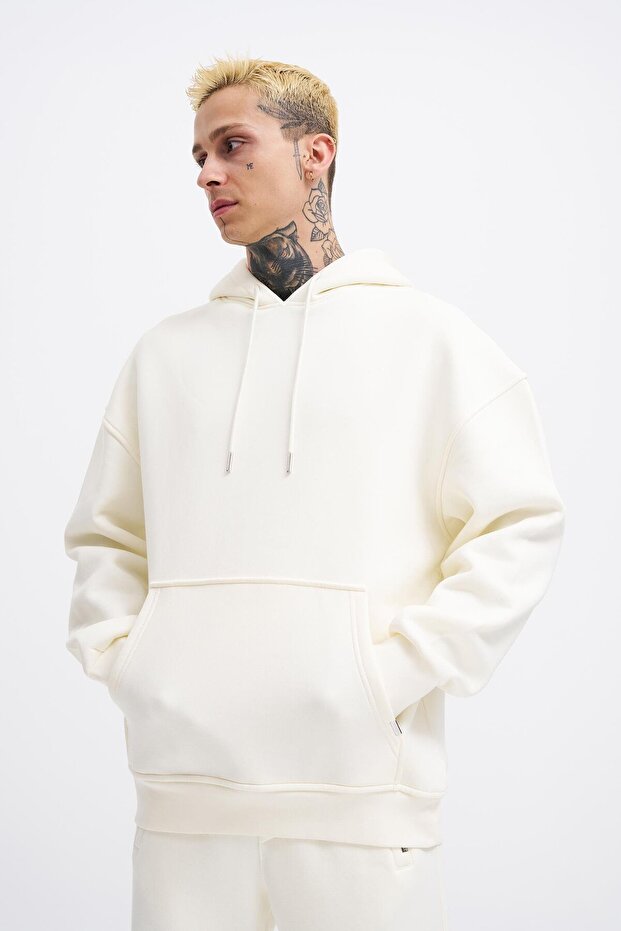 Erkek Oversize Basic Kapüşonlu Sweatshirt Ekru - 1