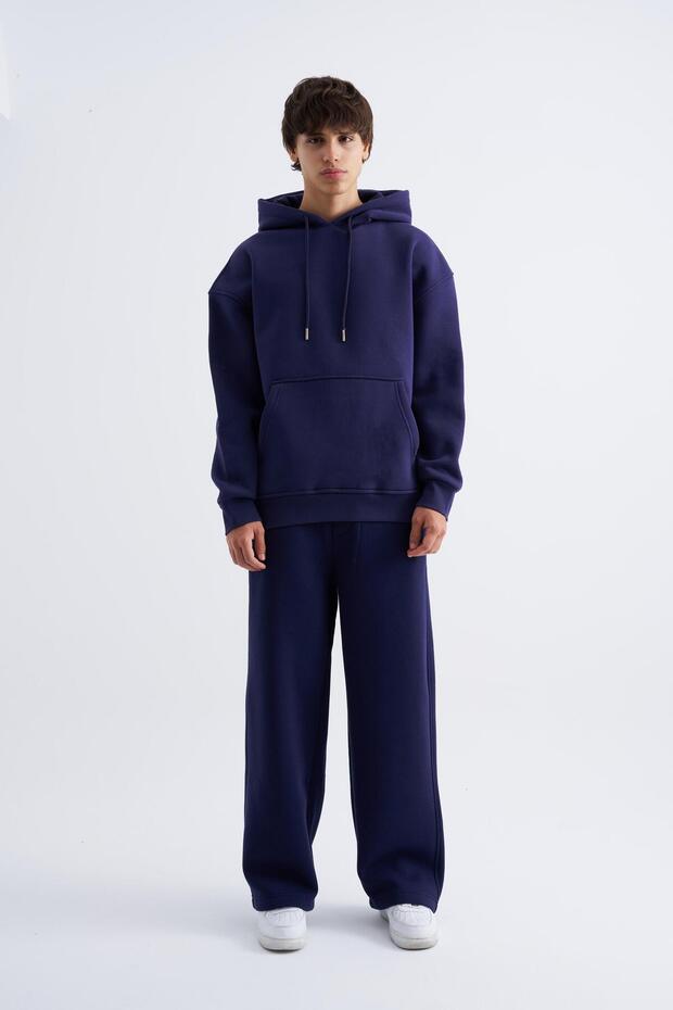Erkek Basic Kapüşonlu Oversize Lacivert Sweatshirt - 3