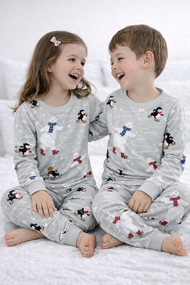 Unisex Children's Pajama Set Penguen Snowman Pattern 100% Cotton Single Jersey Fabric Crew Neck Long Sleeves