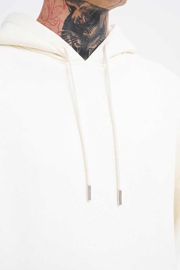 Erkek Oversize Basic Kapüşonlu Sweatshirt Ekru - 3