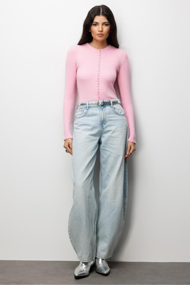 6972 Kadın Fitilli Basic Triko Hırka Pembe - 2