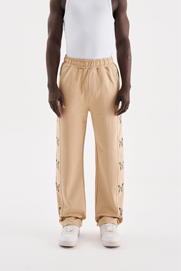 Oversized Butterfly Printed Buy Elasticated Organic Cotton Sweatpants Beige