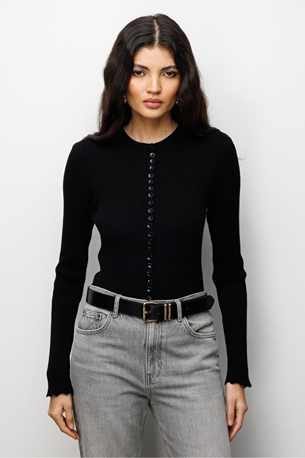 6972 Kadın Fitilli Basic Triko Hırka Siyah - 3