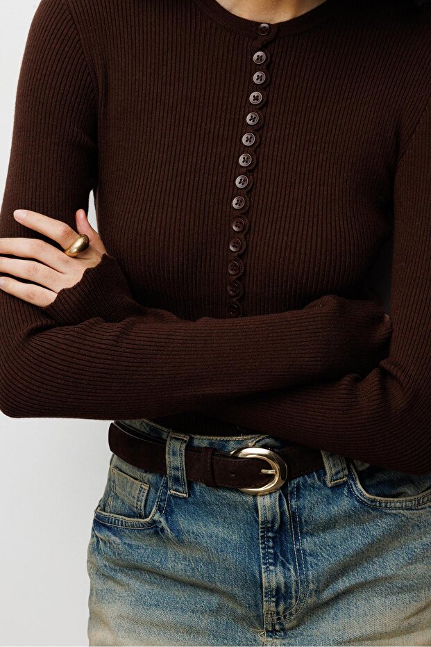 6972 Kadın Fitilli Basic Triko Hırka Kahve - 4