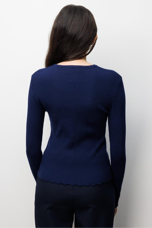6972 Kadın Fitilli Basic Triko Hırka Lacivert - 4