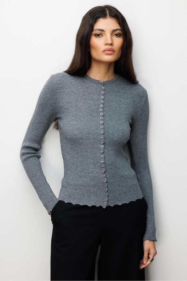 6972 Kadın Fitilli Basic Triko Hırka Gri - 3