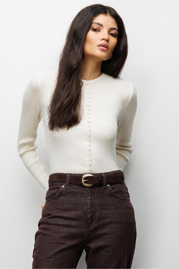 6972 Kadın Fitilli Basic Triko Hırka Naturel - 3