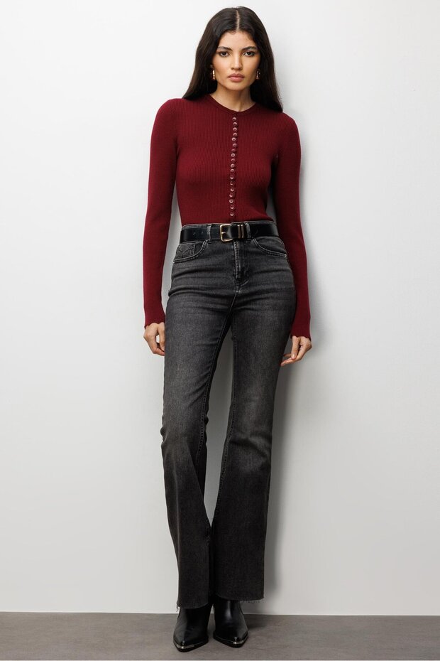 6972 Kadın Fitilli Basic Triko Hırka Bordo - 2