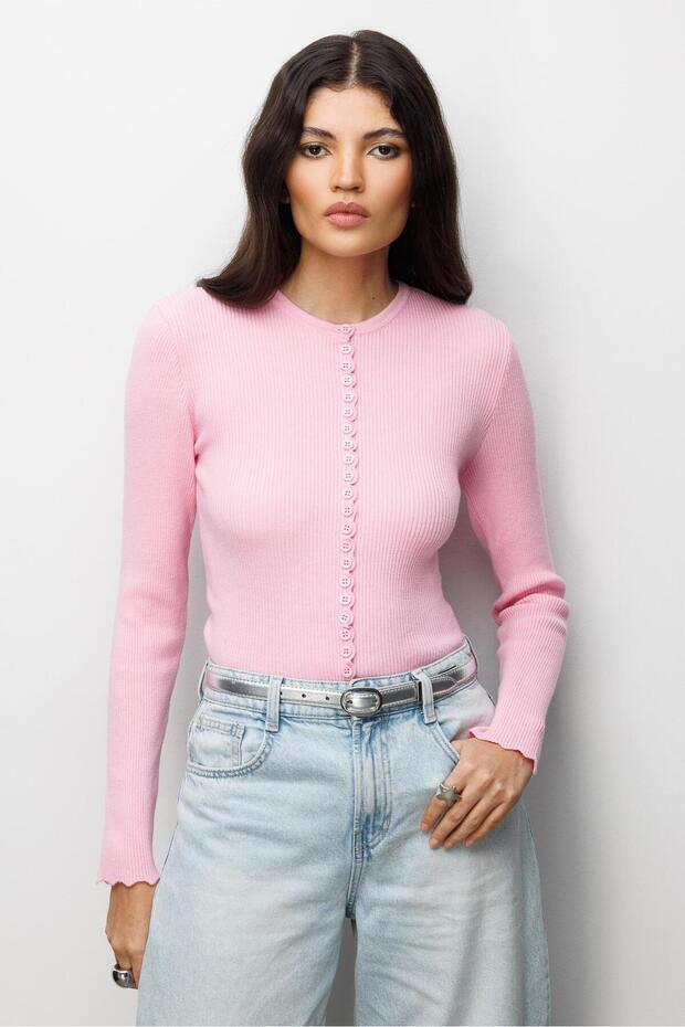 6972 Kadın Fitilli Basic Triko Hırka Pembe - 3