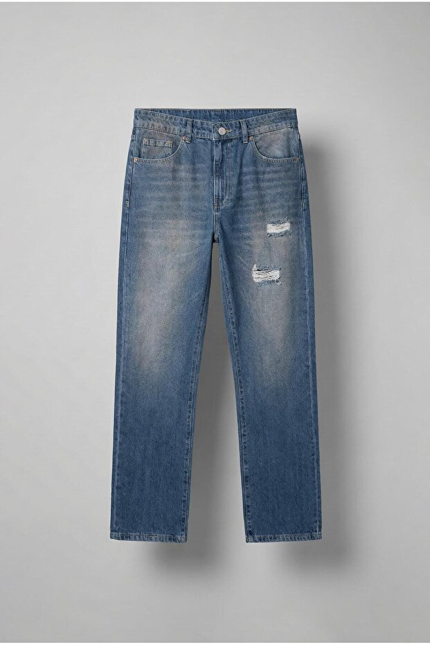 Men's Ripped Faded Effect Baggy Fit Jean Blue