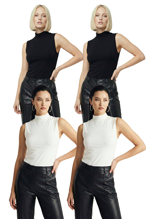 Women's White Single Sleeveless Body Half Neck