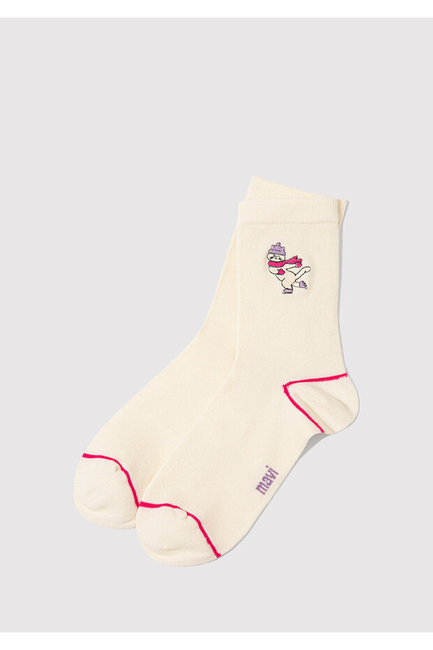 Cat Embroidered Ecru Socks 1913564-70057