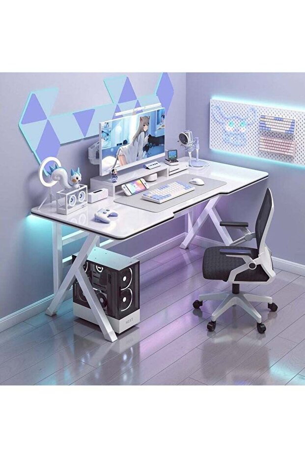 مكتب ألعاب كبير 120x60x75 سم، طاولة ألعاب على شكل حرف K، محطة عمل ألعاب باللون الأبيض