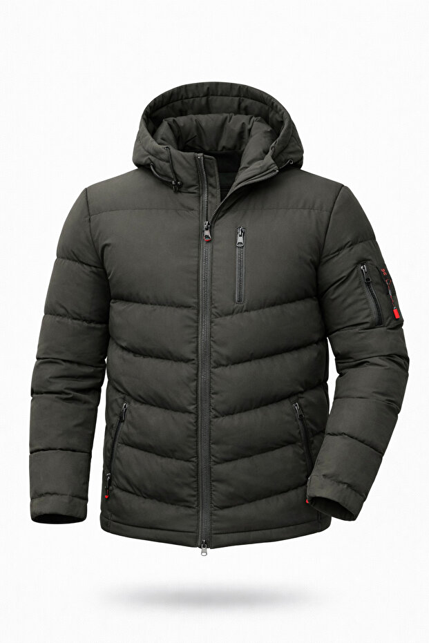 Men's Slim-Fit Khaki Hooded Water- and Windproof Winter Puffer Jacket