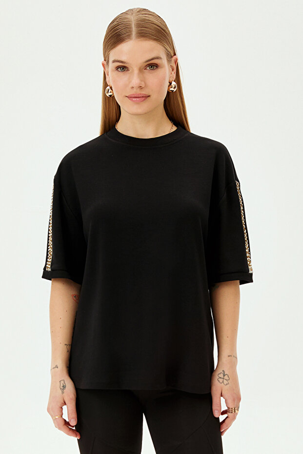 İnci İşlemeli Düşük Kol Regular Örme Tişört - 3