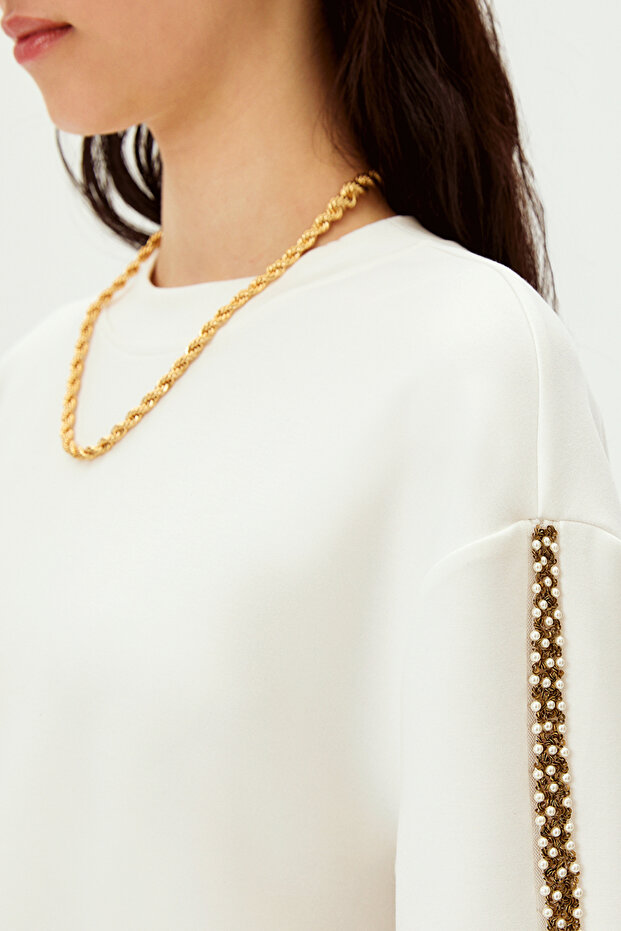 İnci İşlemeli Düşük Kol Regular Örme Tişört - 5