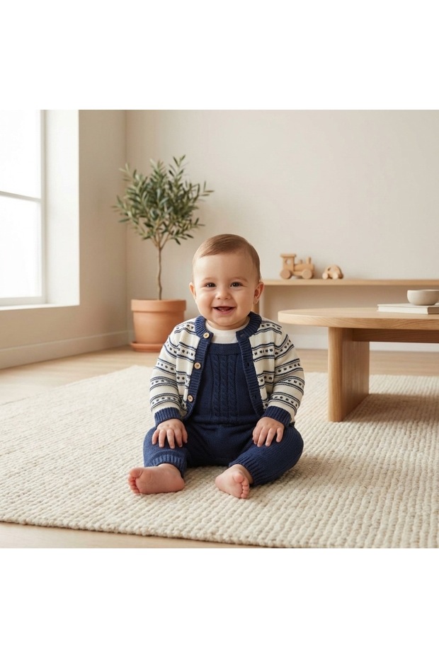 Men's Navy Blue Knitwear Knitted 2-Piece Set 100% Cotton