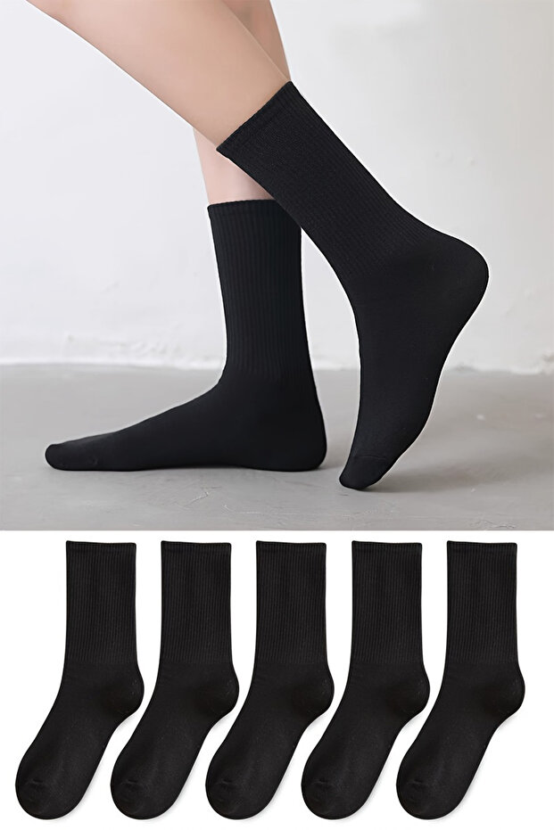 Unisex Black Cotton College Socks Set 5 Pairs