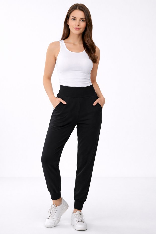 Women's Black High Waist Double Pocket Stretchy Sweatpants Jogger
