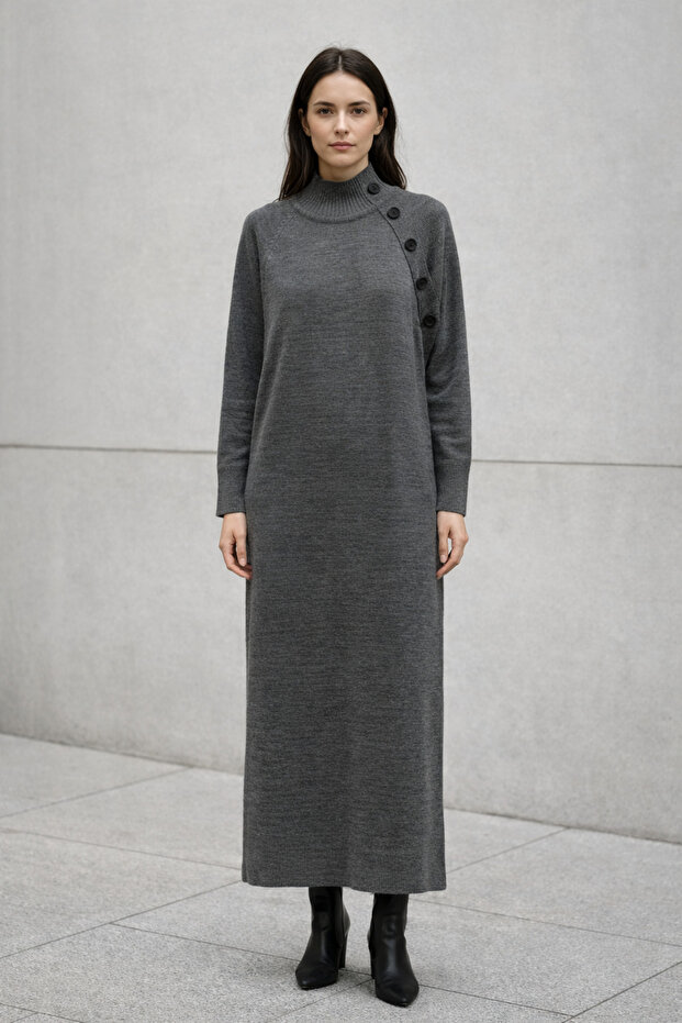 Düğmeli Triko Elbise - 1