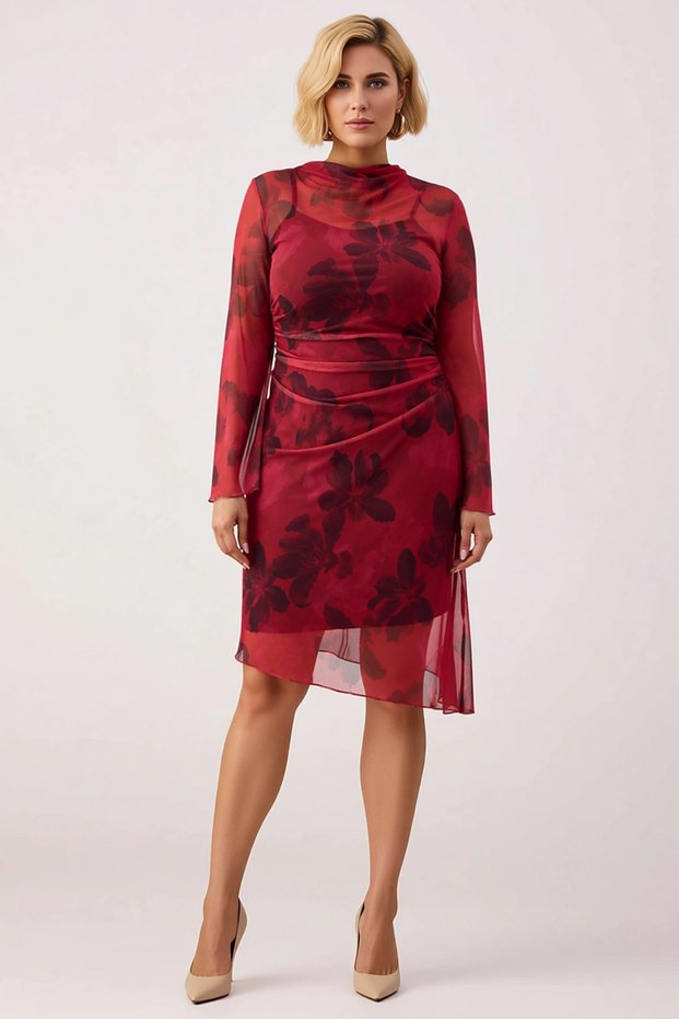 Women's Plus Size Crew Neck Standard Sleeve Floral Tulle Knitted Dress Functional Durable