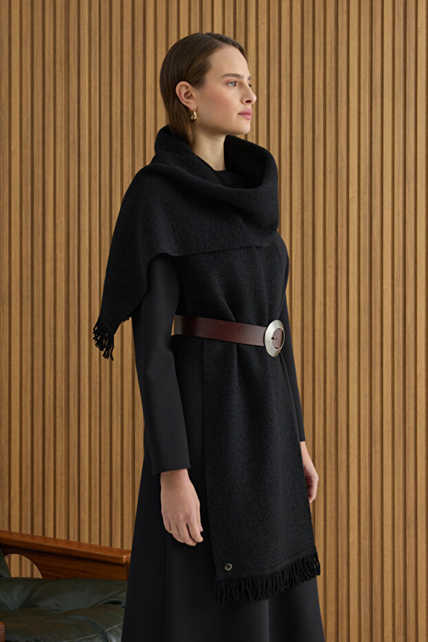 Black Tasseled Wool Shawl - 3