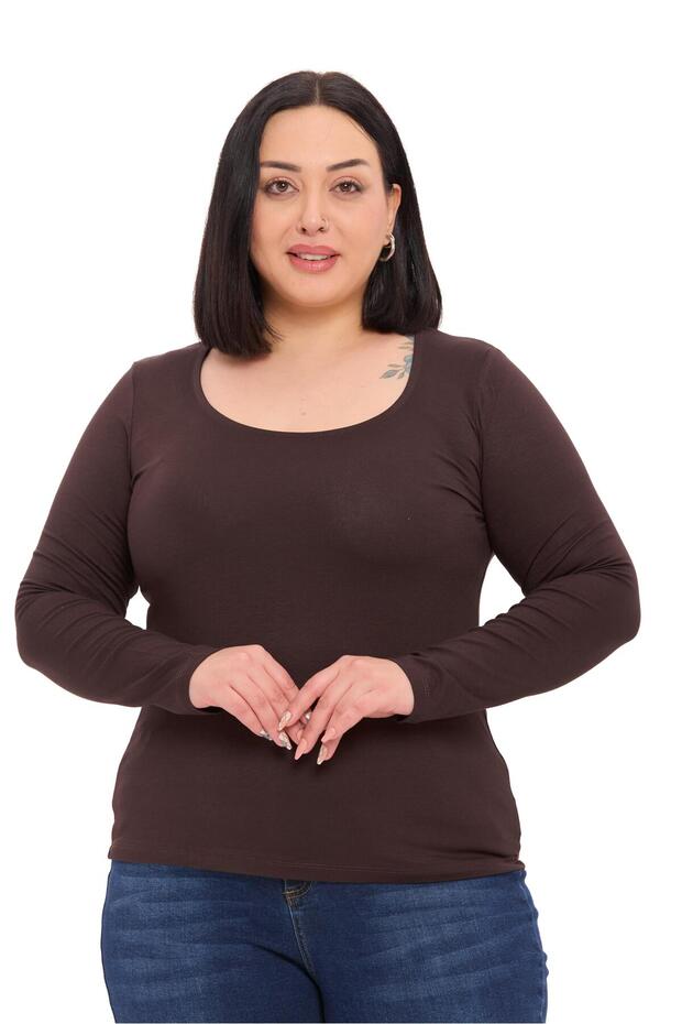 بودي بني اللون من الفيسكوز بأكمام طويلة وياقة على شكل حرف U مقاس كبير