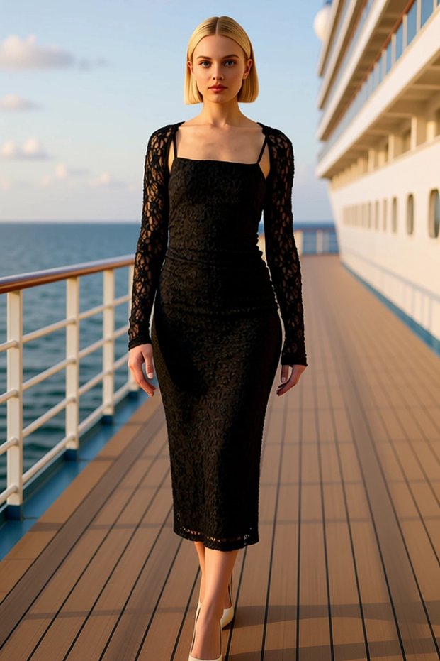 Women's Square Neck Long Sleeve Bodycon Mold Lace Midi Dress Aesthetic