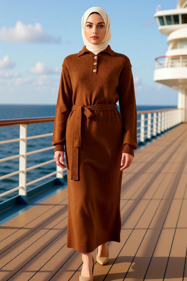 Women's Polo Neck Standard Sleeve Knitwear Dress Plain Pattern A-Line Fit Long Sleeve Maxi Length Button Detail