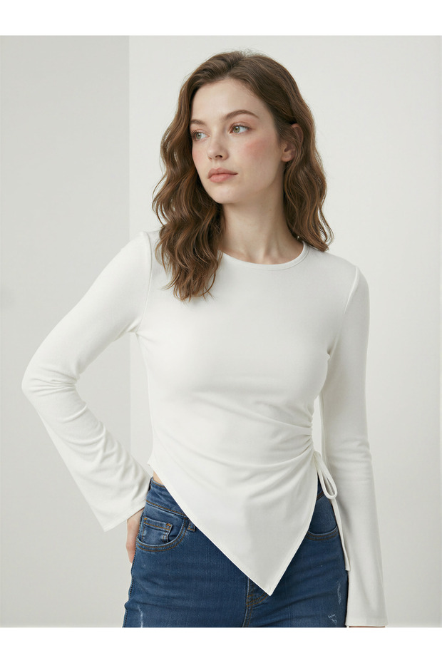 Women's White Round Neck Drape Detailed Spanish Sleeve Hijab Matching Blouse